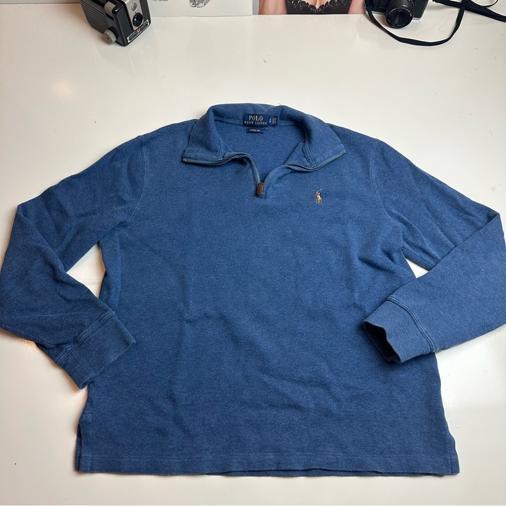 Polo Ralph Lauren Quarter-Zip Sweater | Blue Textured Cotton Preppy Y2K Pullover